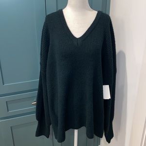 NWOT THEO AND SPENCE Drama Sleeve Rib V-neck Sweater in Forest Green